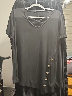 Black Short Sleeve Crisscross Neck Top with Side Button Detail